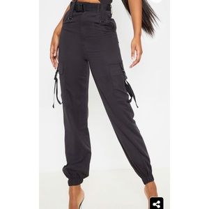 Black Buckle Detail Belted Cargo Pants
